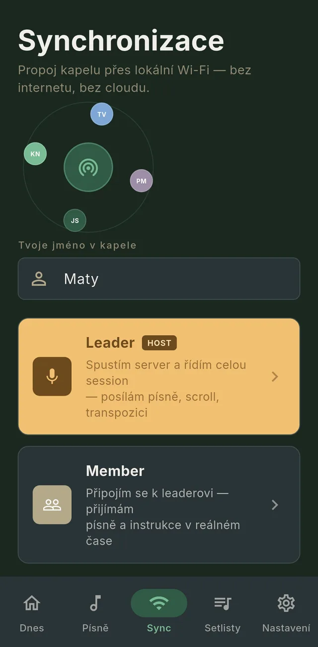 Obrazovka synchronizace v Eutepiu s volbou role leader nebo member