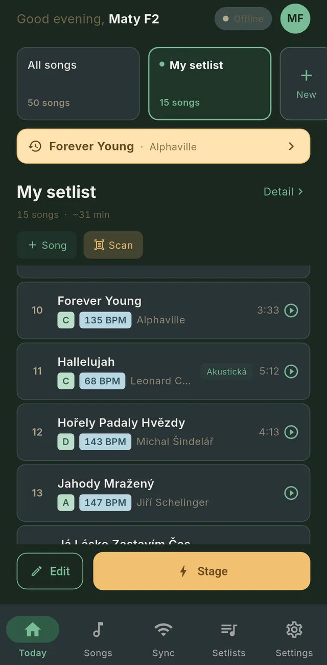 Eutepio home screen showing the song library and the Stage button