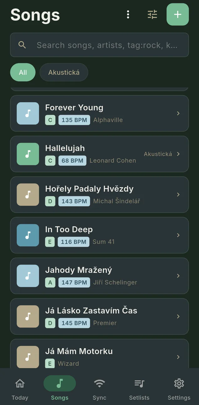Eutepio song list showing the key and tempo of each song