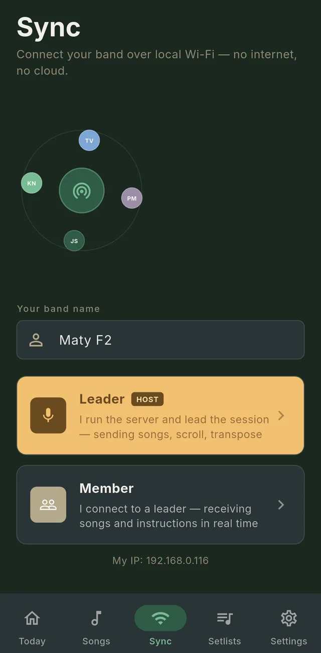 Eutepio sync screen with the leader and member role choice